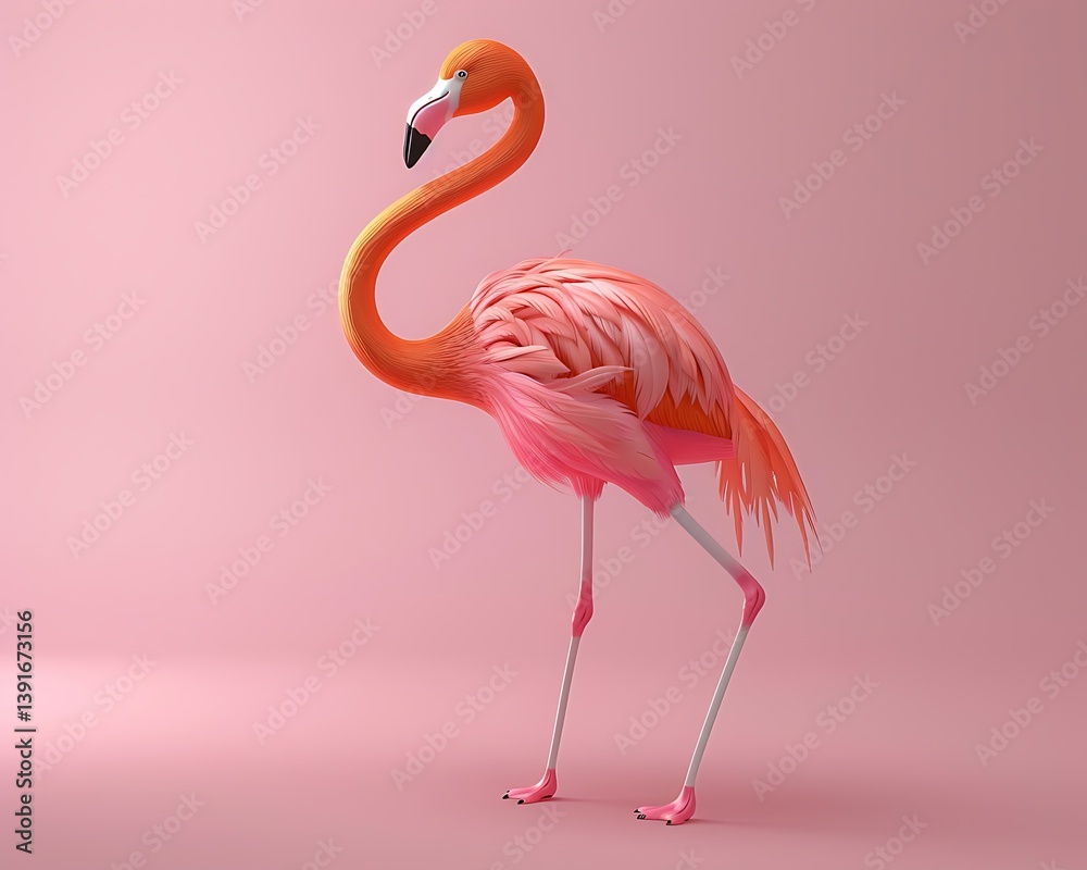 Fototapeta premium Elegant Pink Flamingo Standing Gracefully on a Soft Pink Background A Beautiful Tropical Bird