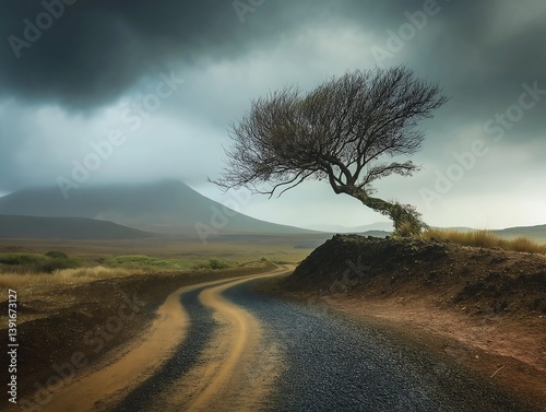 Lonely Windswept Tree on Volcanic Island Road, Dramatic Sky