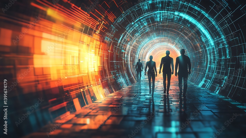 Obraz premium technology inspired digital circular pattern with figures representing teamwork interaction and connectivity in a modern abstract virtual environment