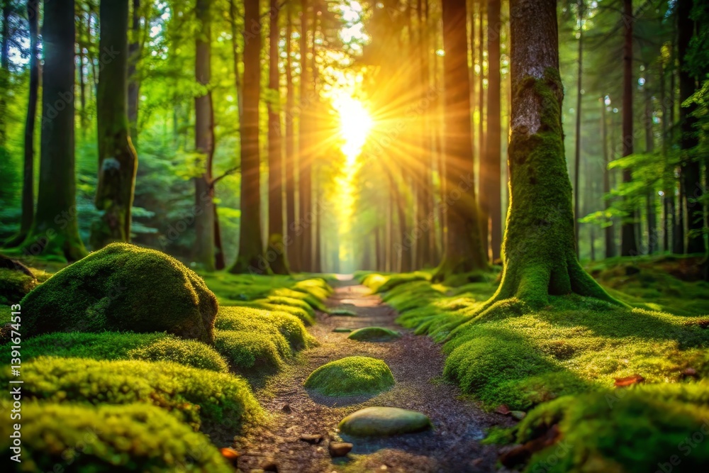Obraz premium Sunlit Path Through a Lush Forest