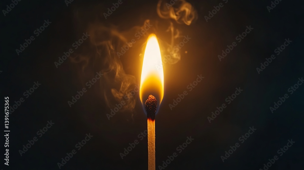 Burning Match: A single matchstick, ignited to reveal a vibrant flame, casting a warm glow. A symbolic representation of starting an idea and the spark of life. Burning Match: A single matchstick, ignited to reveal a vibrant flame, casting a warm glow. A symbolic representation of starting an idea and the spark of life.