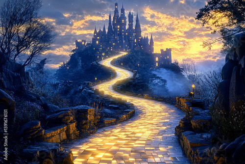 Majestic castle illuminated by glowing pathway at night under a starry sky