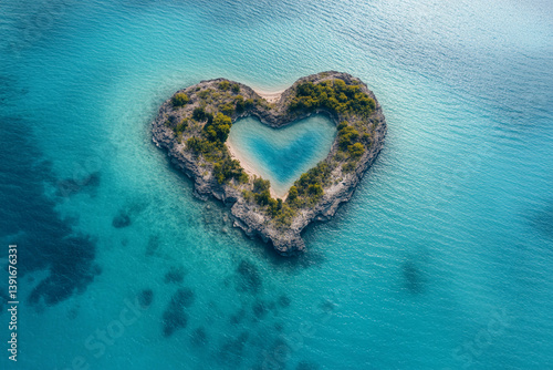 Heart-shaped island surrounded by turquoise water in a tropical setting