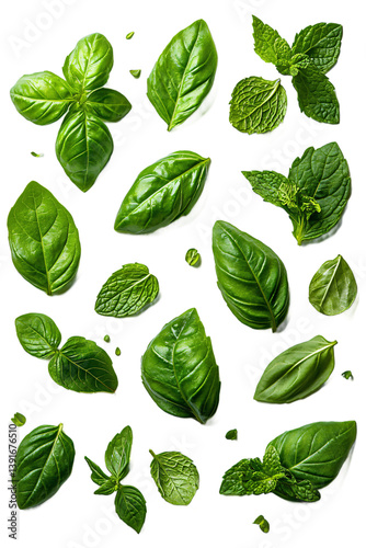 Assorted fresh herbs suspended with transparent background, floating culinary greens for cooking and food advertising