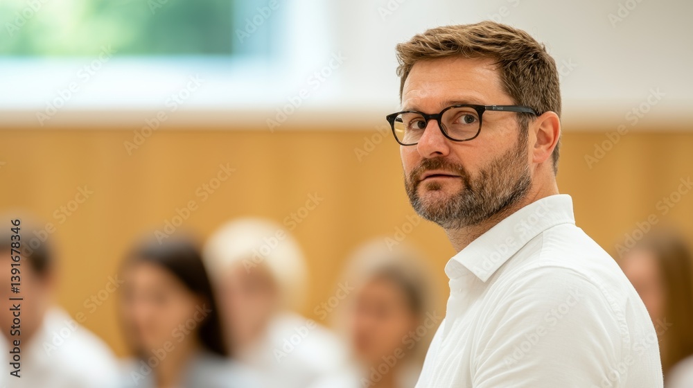 Obraz premium Professional man looking back with focus in a contemporary conference setting