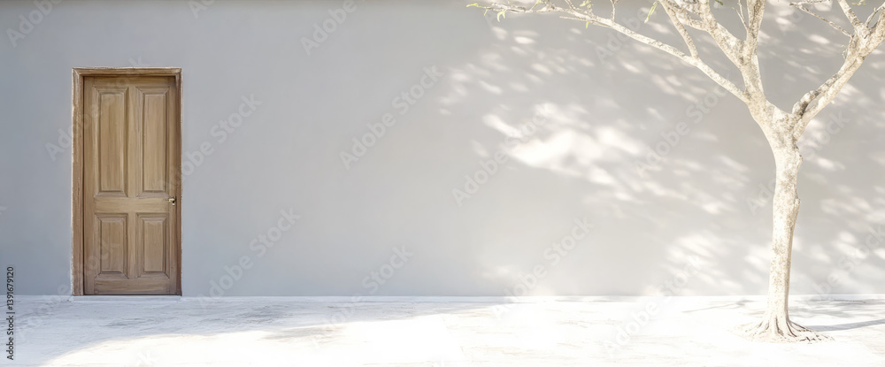 Wooden door against a simple wall with a shadow of a bare tree in daylight Wooden door against a simple wall with a shadow of a bare tree in daylight