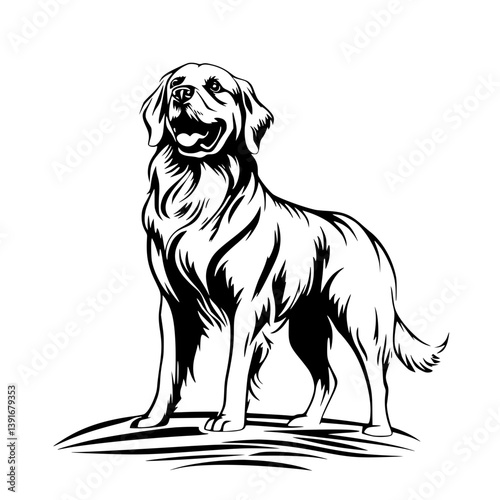 Happy golden retriever dog illustration, Black and white vector illustration of a happy golden retriever standing with a wagging tail, ideal for pet, loyalty, or outdoor themes.

