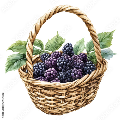 Mulberry basket, watercolor illustration, isolated on a white background.

