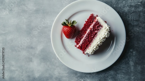 Red velvet cake slice on plate, studio shot photo