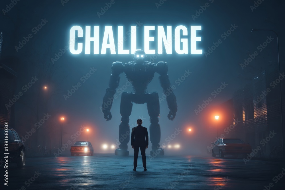 Fototapeta premium A businessman on a street looking up facing a giant robot with text 