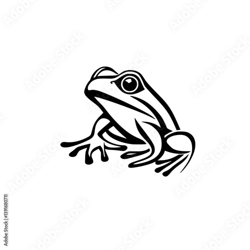 Minimalist frog vector illustration, Black and white vector illustration of a stylized frog in a sitting position, ideal for nature, wildlife, or logo design themes.

 photo