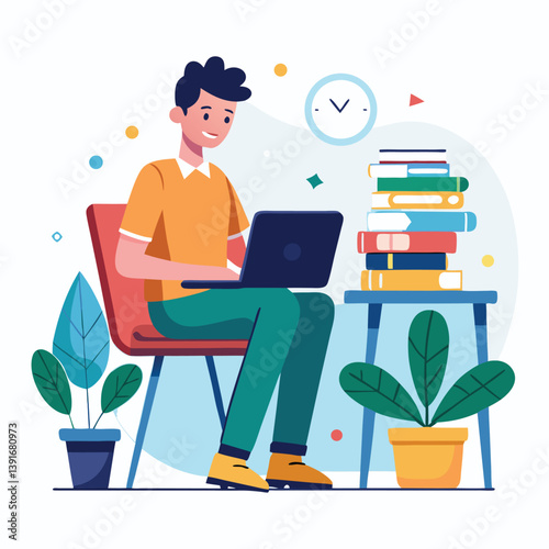 a boy is using his laptop vector