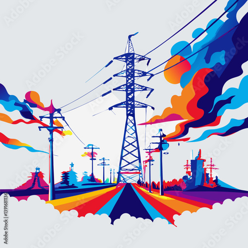 Vibrant pop art vector illustration of power lines and pylons against a colorful skyline