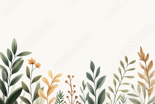 Elegant watercolor botanical illustration with various leaves and flowers on light background perfect for backgrounds and decorative designs