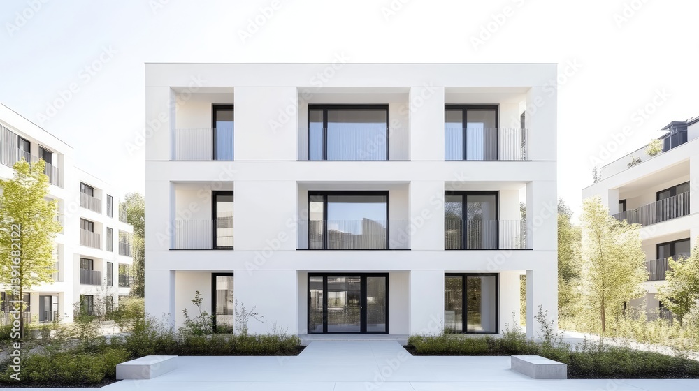 Fototapeta premium Modern white apartment building with recessed windows and a courtyard