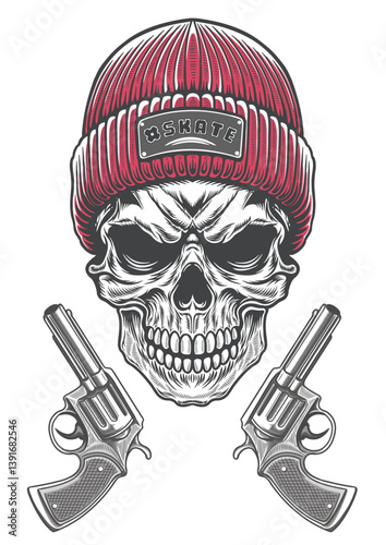 Skull in hustle art style with a vintage beanie hat 56
