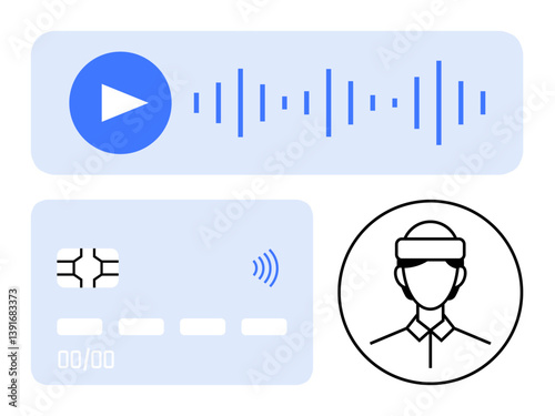 Play button with soundwave, chip card with NFC signal, person in VR headset. Ideal for tech, UXUI, ARVR, fintech, audio innovation, minimal visuals abstract line flat metaphor