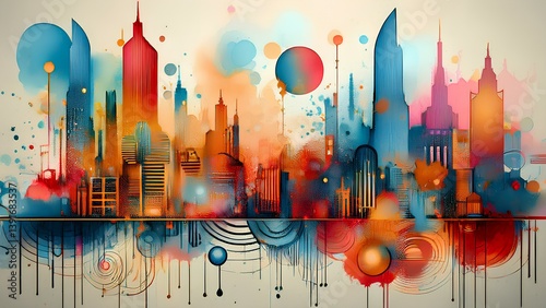 An image of a contemporary cityscape that captures the essence of urban dynamism and growth, with abstract architecture, vibrant colors and symbolic light bulbs representing innovation and creativity