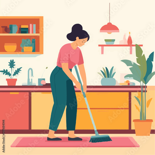 A woman sweeps her kitchen floor