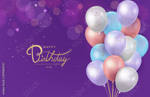 Purple background with golden Happy Birthday greeting and a bunch of colorful balloons