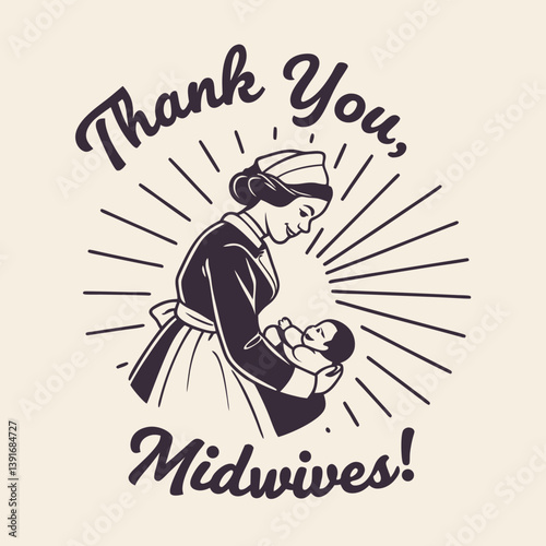 Midwife's Care and Gratitude: A vintage illustration of a midwife tenderly cradling a newborn, framed by an expression of gratitude.