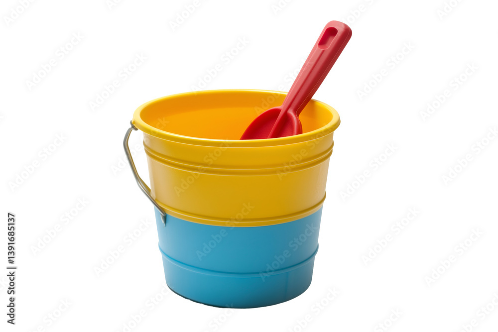 Yellow and Blue Bucket with Red Shovel on White or Transparent Background Yellow and Blue Bucket with Red Shovel on White or Transparent Background