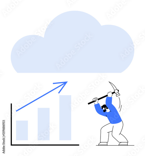 Man using pickaxe under cloud and rising bar chart conveys data extraction, cloud computing, progress, growth, information processing, analytics, and technology innovation. Ideal for cloud services