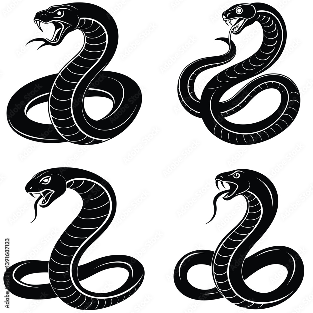 Obraz premium Viper Snack Vector Silhouetted Bundle Set Collection. Cobra Snack