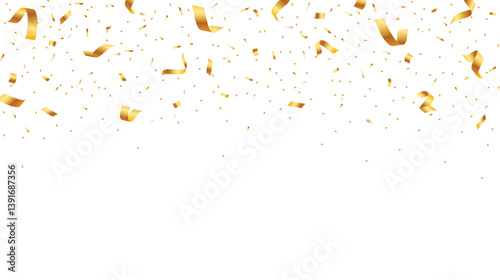 Festive gold confetti decoration. Falling confetti celebration element. Shiny ribbon on white background. Vector illustration