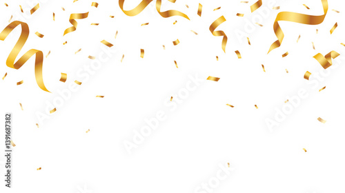 Festive gold confetti decoration. Falling confetti celebration element. Shiny ribbon on white background. Vector illustration