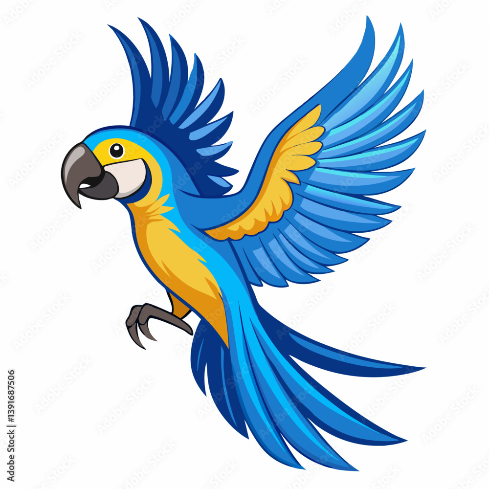 Cute cartoon flying blue macaw parrot . Suitable for educational poster, logo, children's books and encyclopedias. Children's picture. Vector illustration isolated on white background Cute cartoon flying blue macaw parrot . Suitable for educational poster, logo, children's books and encyclopedias. Children's picture. Vector illustration isolated on white background