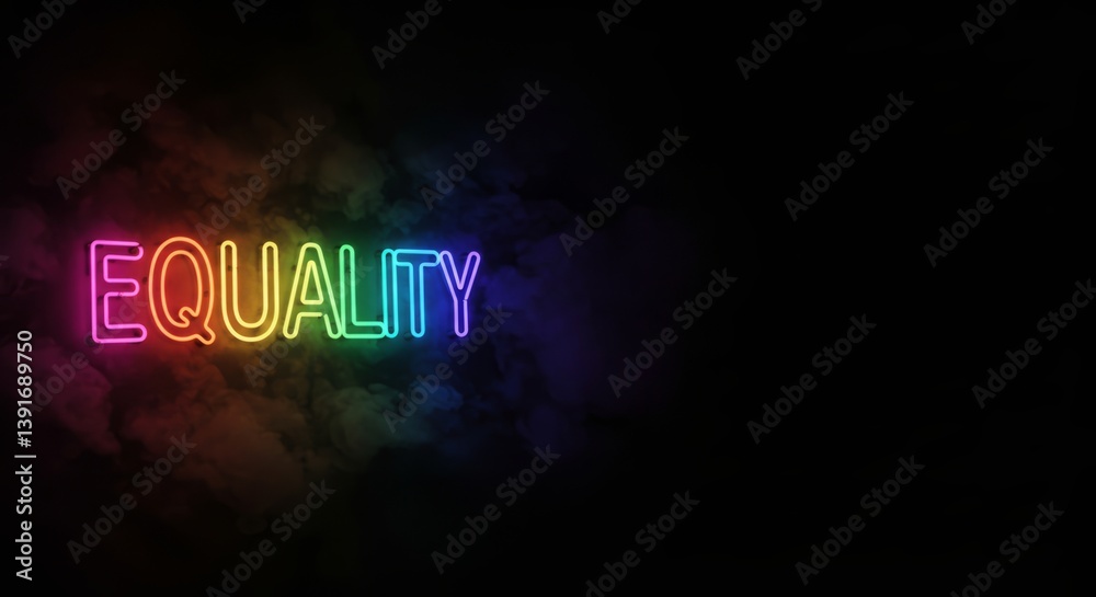 Vivid neon rainbow lettering spelling 'Equality', set against a dark background. Ideal for representing justice, fairness, diversity, and inclusivity with striking visuals.