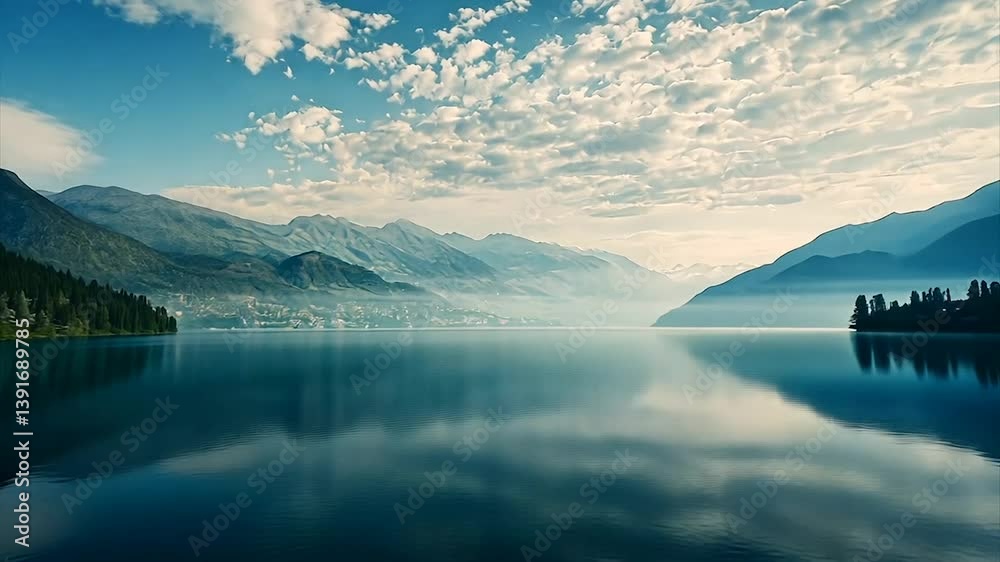 Serene lake mirroring mountains under a partly cloudy sky