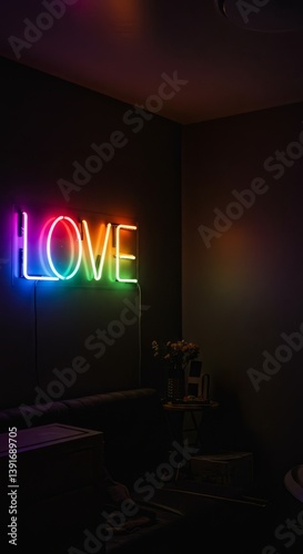 Obraz na płótnie Bright neon text spelling the word 'love' in rainbow colors, illuminating a dimly lit room and symbolizing affection, celebration, and inclusivity with a modern, minimalist aesthetic w salonie
