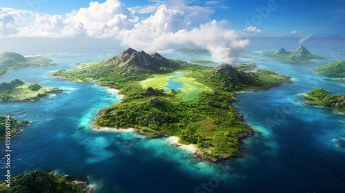 Aerial View of Lush Tropical Island Chain in Turquoise Waters