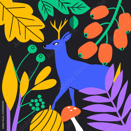 Watercolor illustration of a forest roe deer in autumn nature with colorful leaves, berries, mushrooms, and rose hips on a black background.