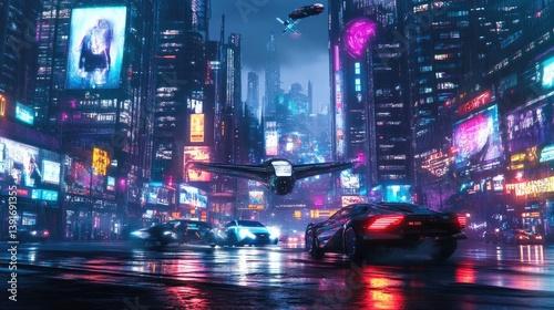 Neon-lit cyberpunk cityscape with flying cars and holograms