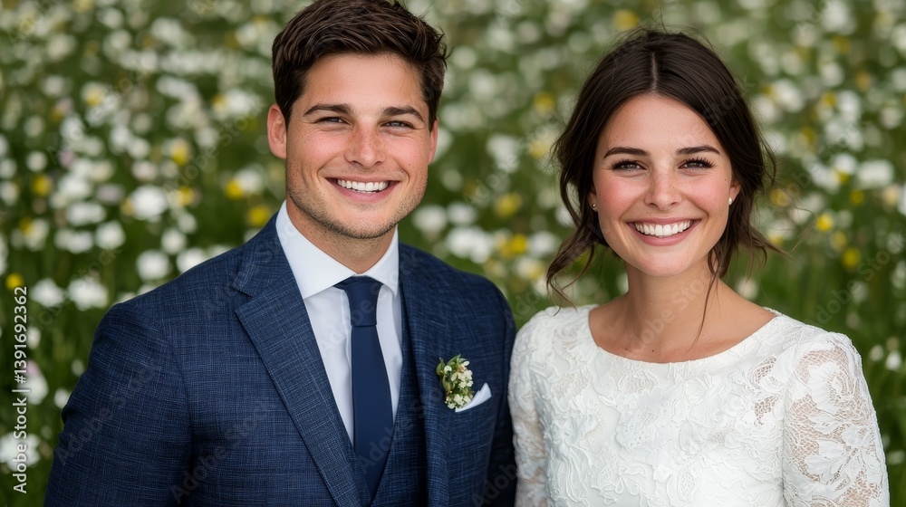 Joyful couple in a beautiful field of flowers celebrating their wedding day