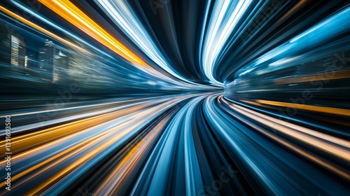 Abstract motion blur with blue and yellow light streaks suggesting speed and movement.
