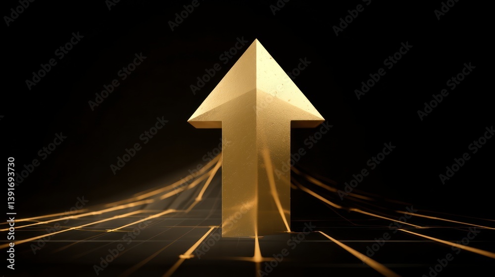 Fototapeta premium Golden Arrow Pointing Upwards on Black Grid Showing Growth Concept