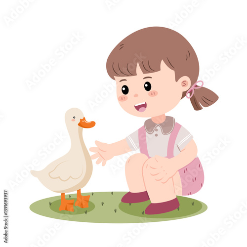 A cute little girl crouched down on a patch of grass, reaching out to a friendly white duck. Vector illustration.