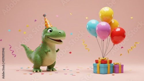 Cute dinosaur in a party hat with balloons and gifts celebrates a birthday.