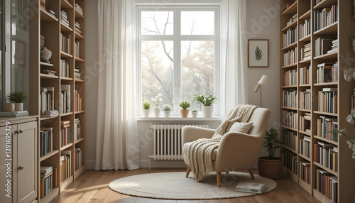 Cozy Reading Nook with Armchair Bookshelves and Natural Light