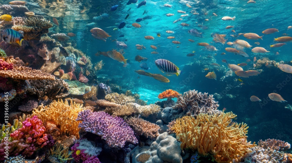 Obraz premium Swimming Fish Above Vibrant Coral Reef Ecosystem in Clear Ocean Water