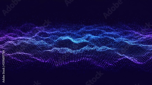 Abstract digital blue and purple data wave background with dotted particles.