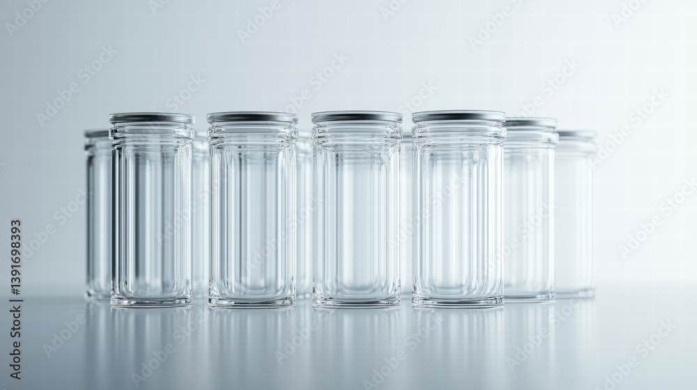 Precision Vial Array: An array of clean, transparent vials standing in a symmetrical display, demonstrating scientific clarity and precision. Precision Vial Array: An array of clean, transparent vials standing in a symmetrical display, demonstrating scientific clarity and precision.