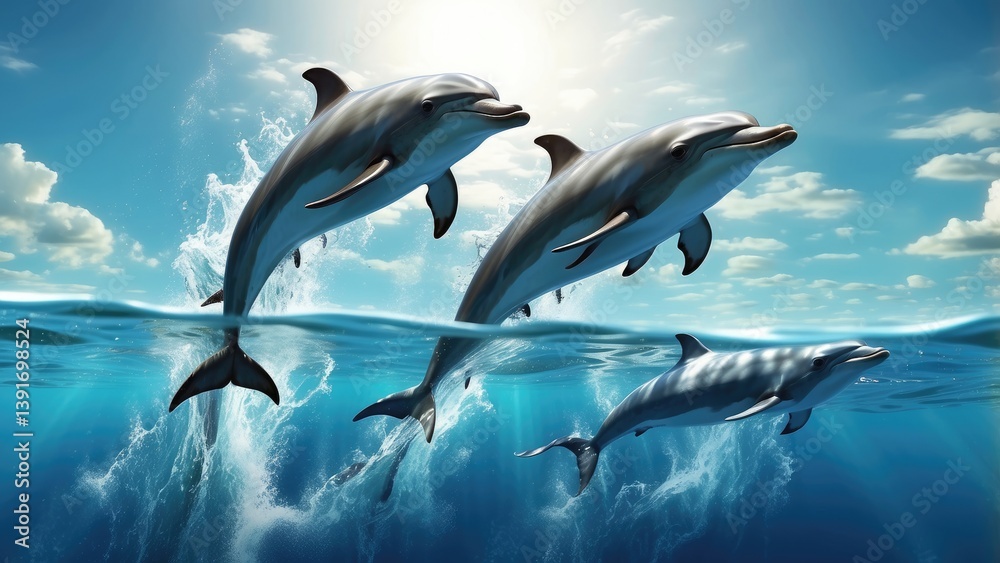 Fototapeta premium Two dolphins swimming in clear blue ocean water with sunlight streaming through the surface