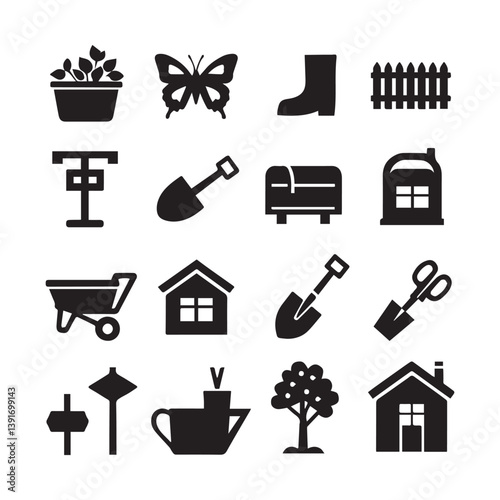 Clean and bold gardening icons in a monochrome style, showcasing common backyard elements like pruning shears, seedling pots, a butterfly, and garden boots.