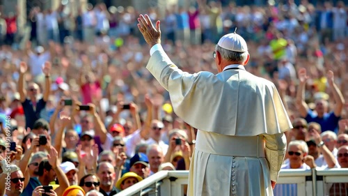 Pope standing back view with raised hand in front of crowd of greeting people