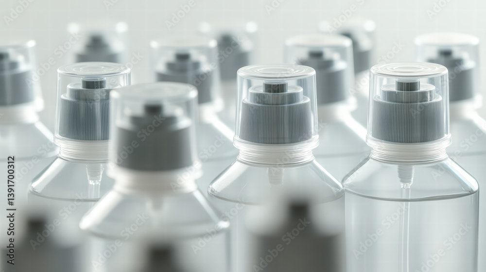 Clean Bottles Arrayed: A close-up shot of several clear liquid bottles, each poised with its dispenser, suggesting purity and hygiene. Clean Bottles Arrayed: A close-up shot of several clear liquid bottles, each poised with its dispenser, suggesting purity and hygiene.